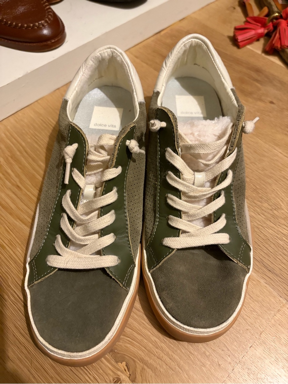 Dolce Vita Olive Suede & Leather Low-Top Sneakers with Cream Laces